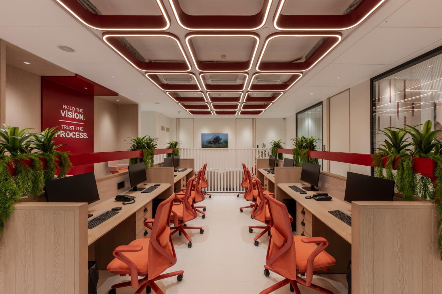 A coral hued office spaces designed by 4th Dimension in Thane, Mumbai